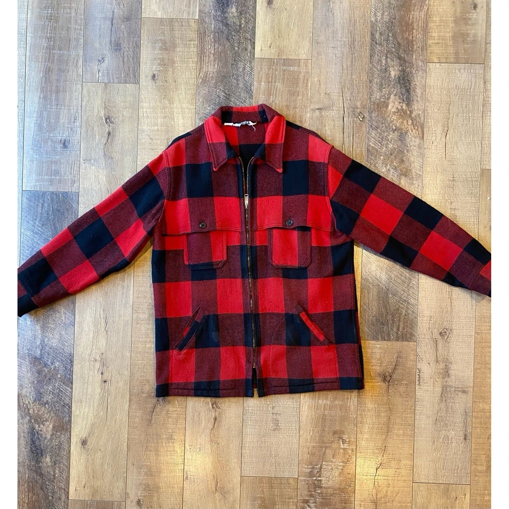 Vintage WOOLRICH USA Men's Large Red Buffalo Plaid Wool Cruiser Jacket 1970s